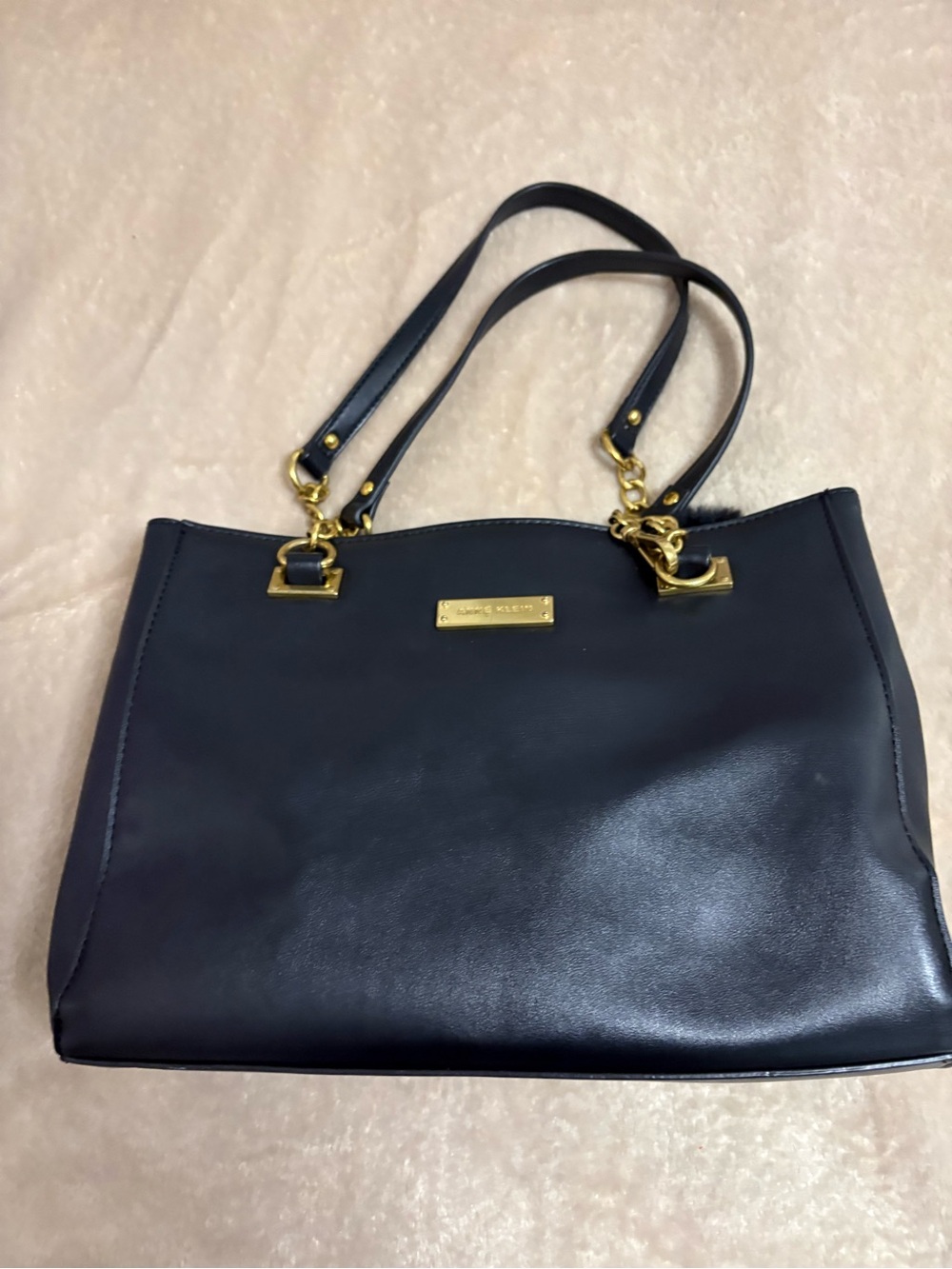 Anne Klein Black Leather Tote with Gold Hardware